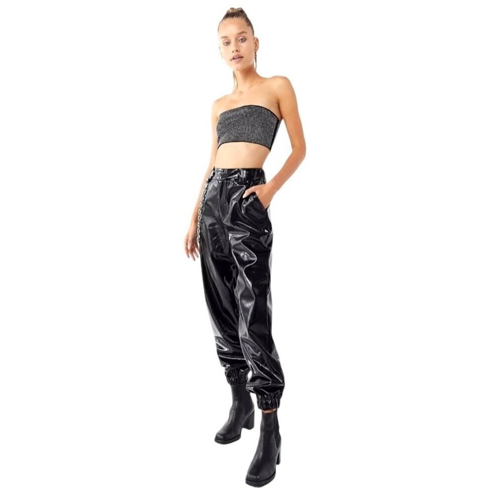 I AM GIA Pants‎ Women Small Black Faux Patent Leather Cobain Jogger Goth Baggy